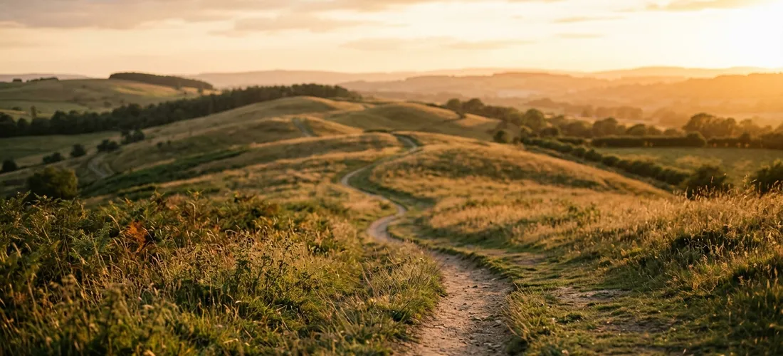 A winding path through sunlit hills at golden hour