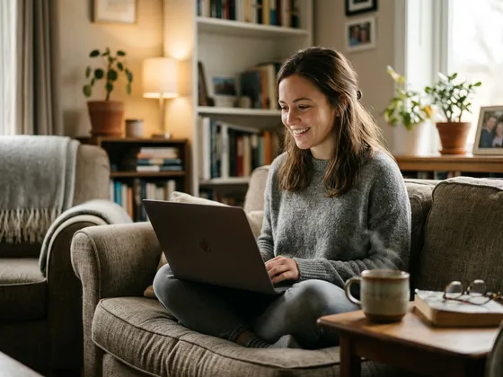 A woman smiling during an online session from her couch