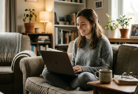 A woman smiling during an online session from her couch