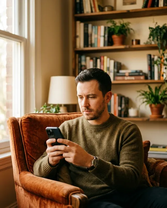 A man sitting in a cozy armchair, thoughtfully looking at his phone