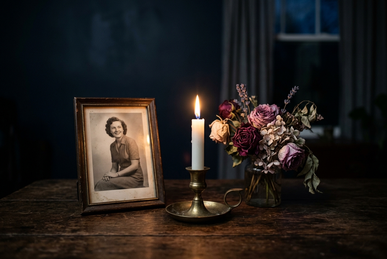 A candle burning next to a photograph and dried flowers