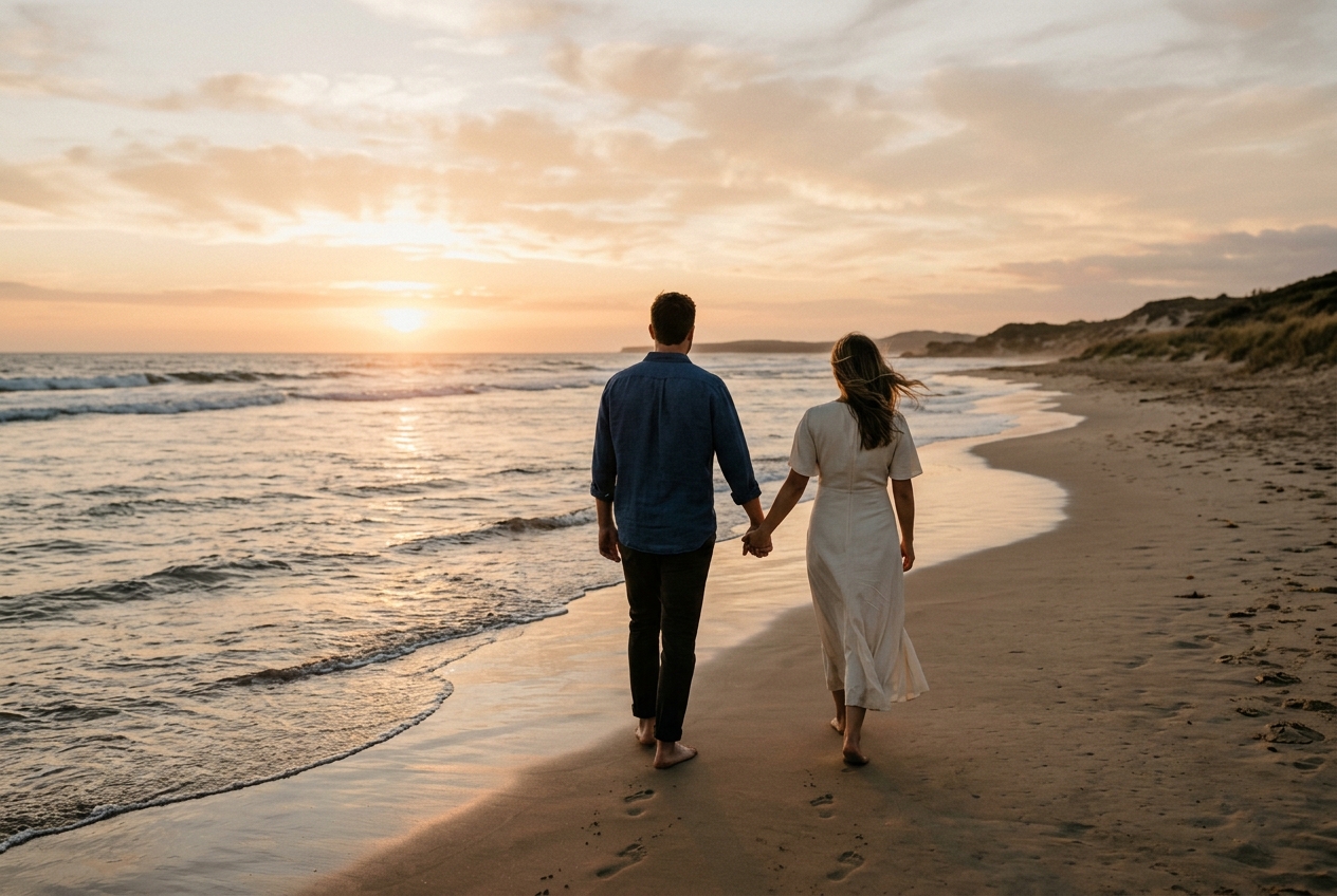 A couple walking on a beach at sunset