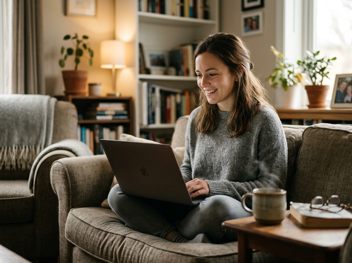 A woman on a couch with a laptop open, mid conversation