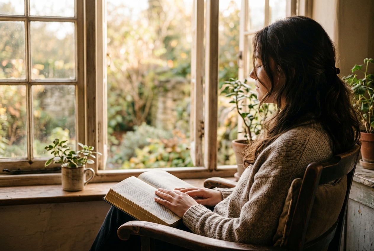 A woman reading by a window