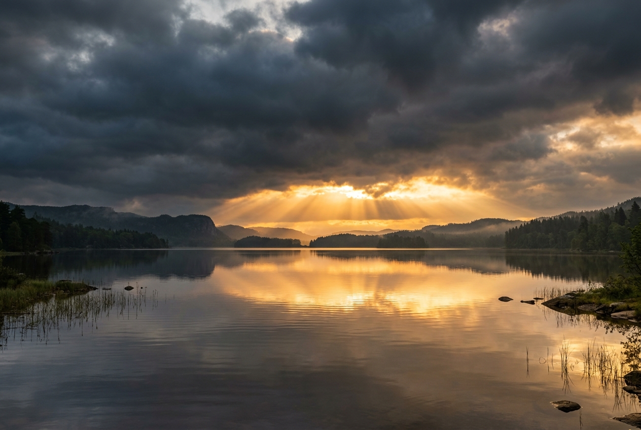 Sunrise breaking through storm clouds over a lake