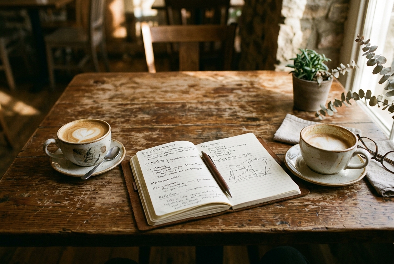 Two coffee cups and a notebook