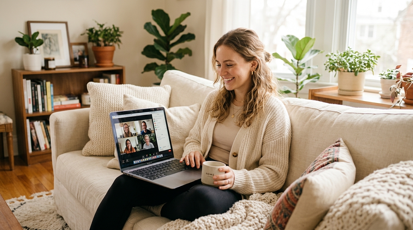 A woman on a couch talking through a video call